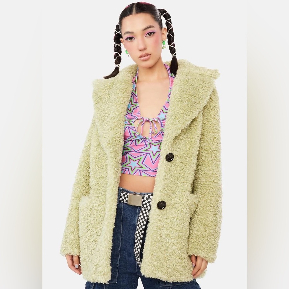 TYLER Faux Fur Sherpa Pea Coat Jacket Oversized Collared Midi Light Green M